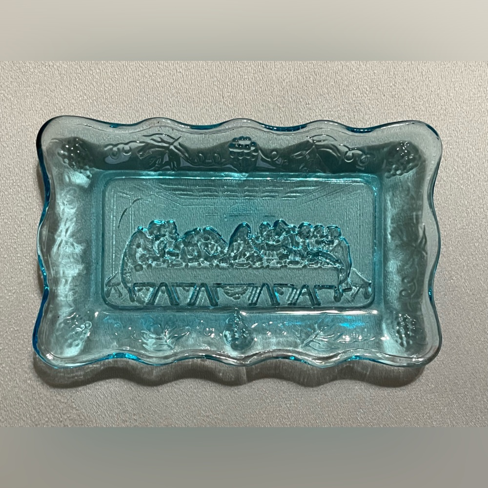 Vintage Tiara Indiana Glass Light Blue Cut Glass Last Supper Trinket Dish Tray